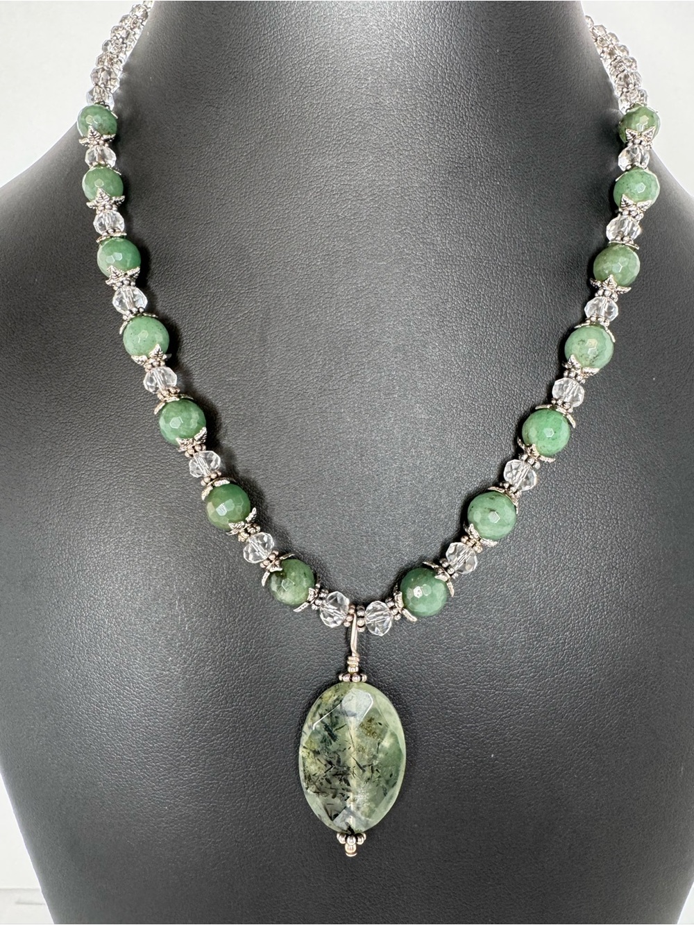 Handmade Faceted Prehnite Vintage Pendant & Moss Agate Statement Necklace - Picture 8 of 8